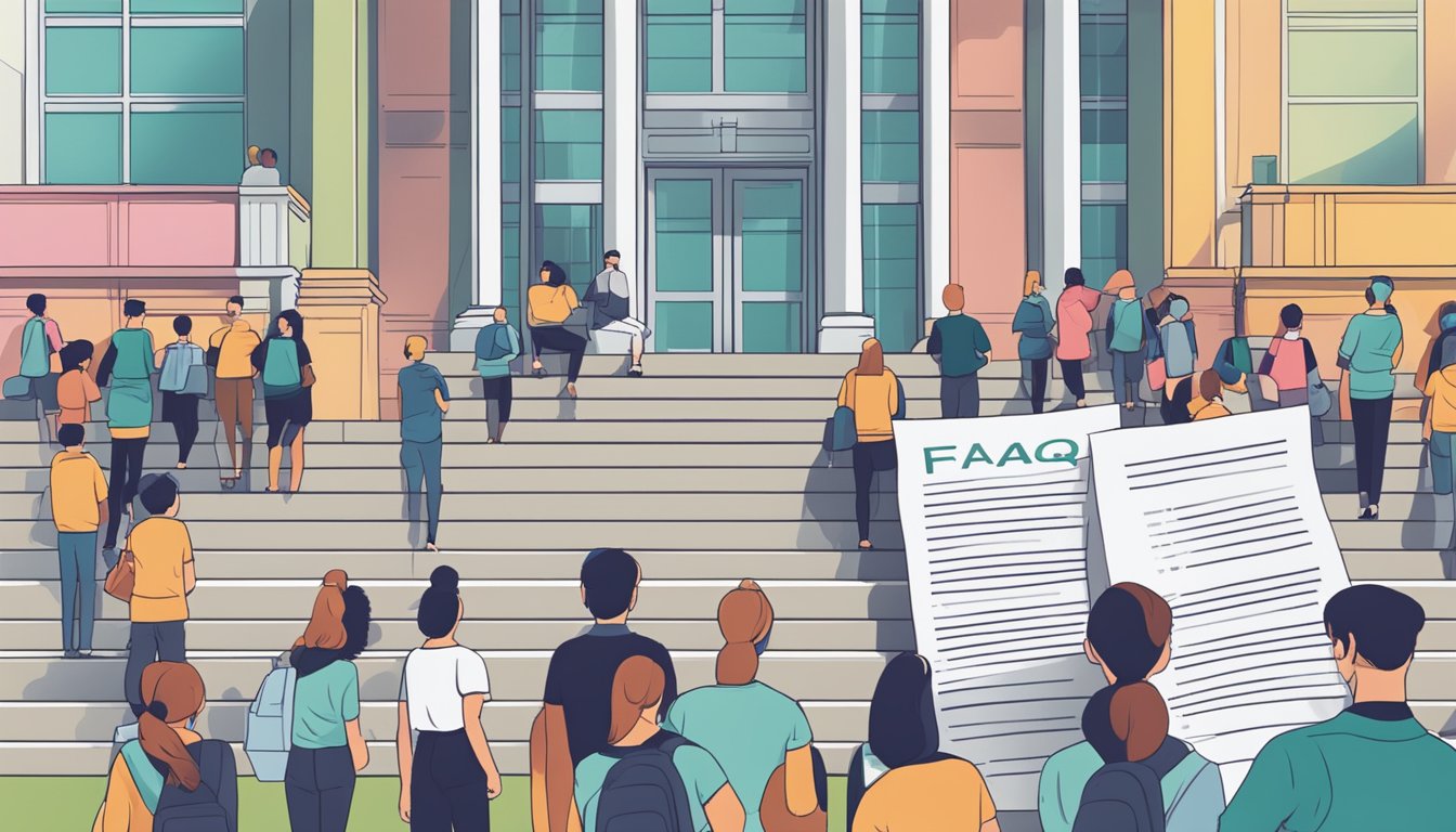 A stack of FAQ papers beside a tuition sign, with a line of students waiting