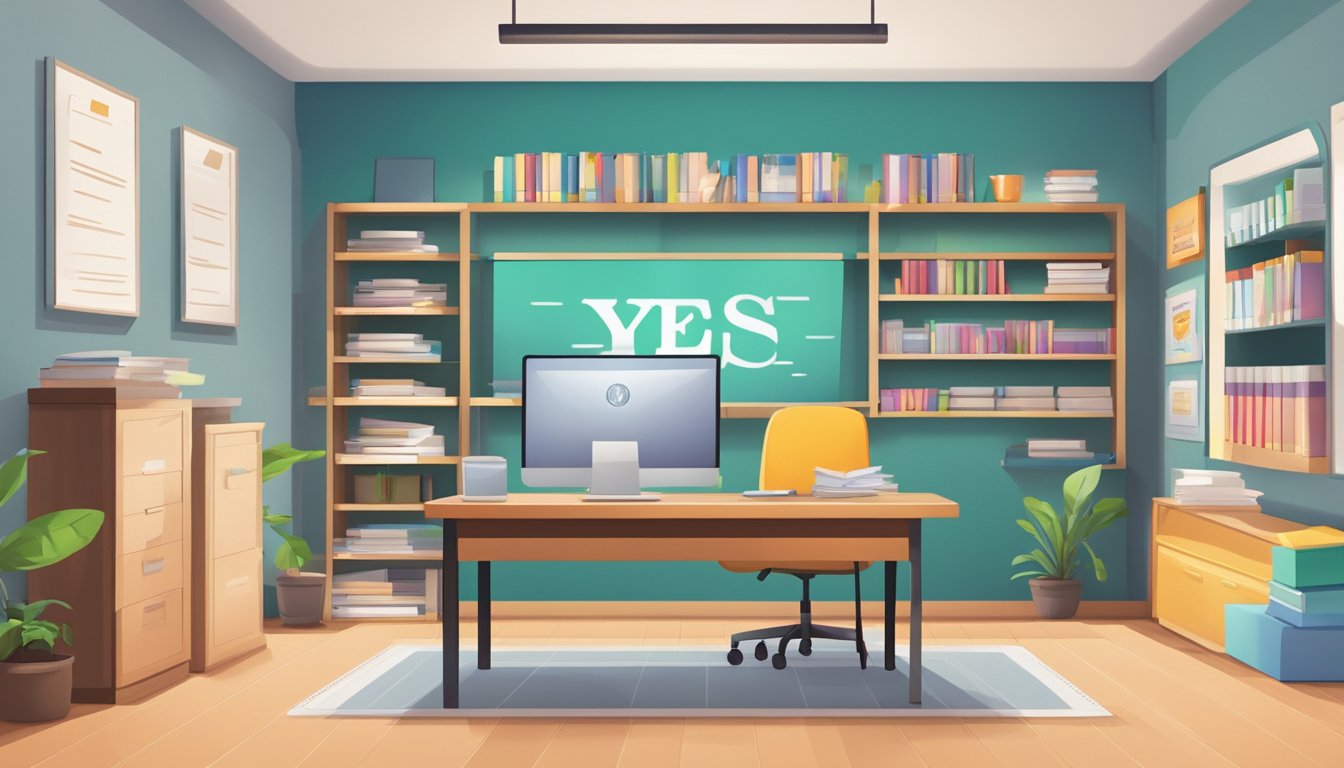A bright, welcoming room with a logo of Yes Tuition Agency displayed on a wall. A desk with a computer and a stack of papers. Books and educational materials neatly organized on shelves