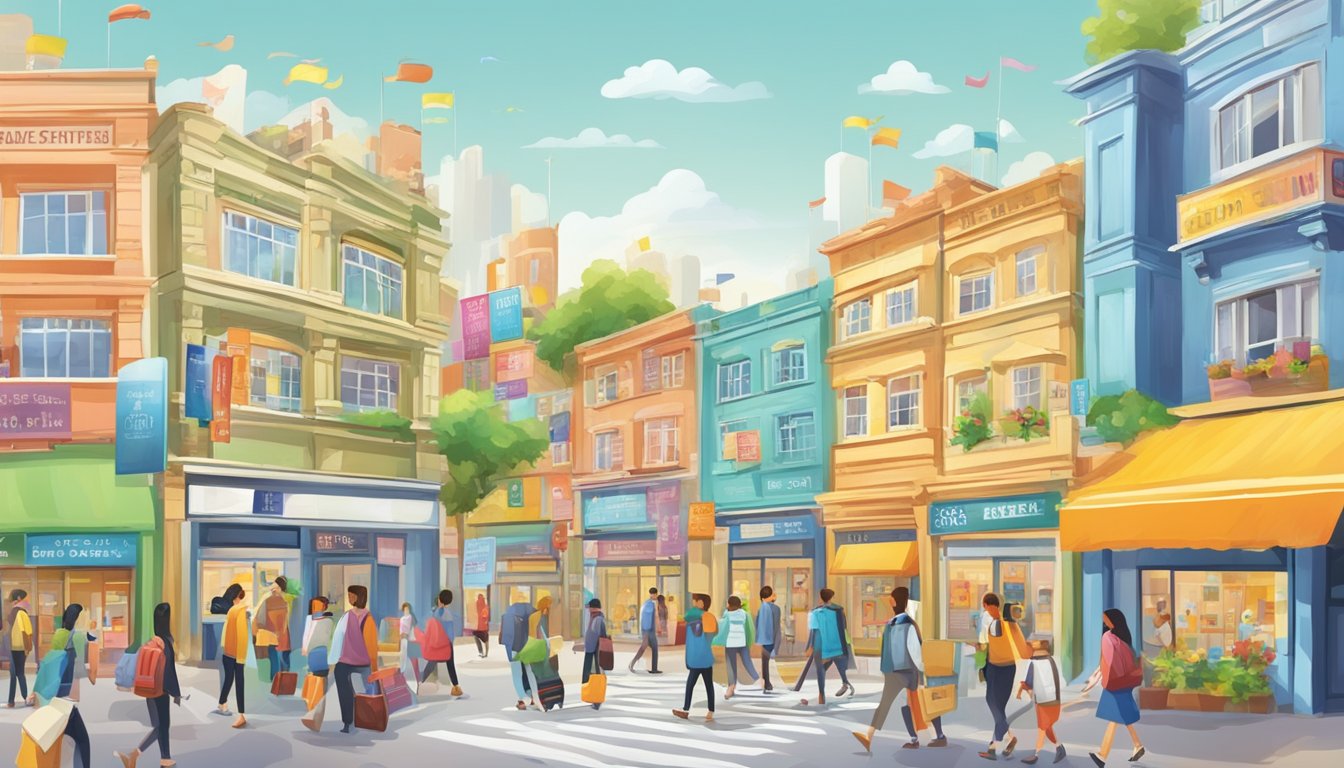 A bustling street with colorful signs advertising "Tuition Centre for Sale." Students and parents enter and exit the busy building, eager to improve their education