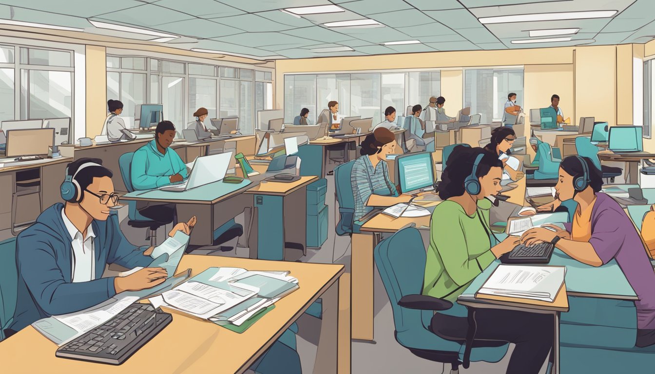 A busy office with people answering phones, typing on computers, and discussing tutoring services. A sign on the wall reads "Frequently Asked Questions: Yes Tuition Agency."