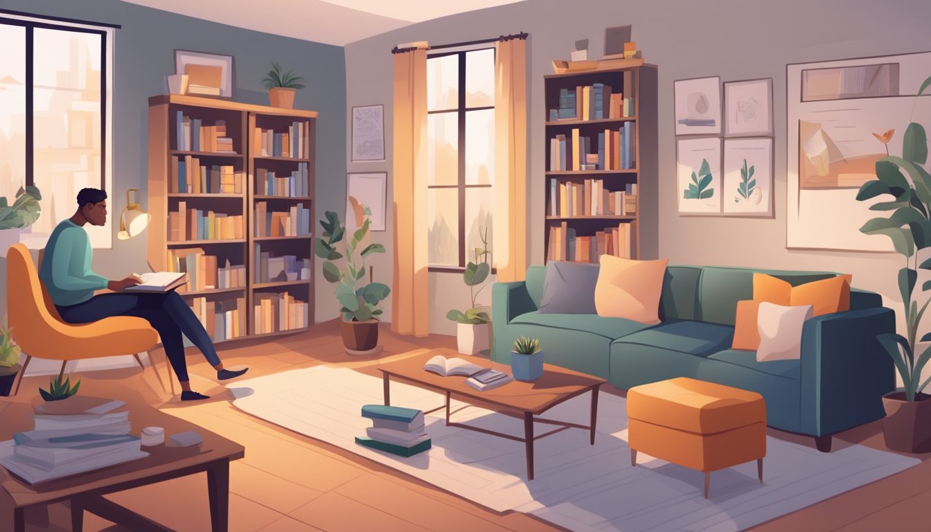 A cozy living room with a tutor and student engaged in learning, surrounded by books, educational materials, and a whiteboard