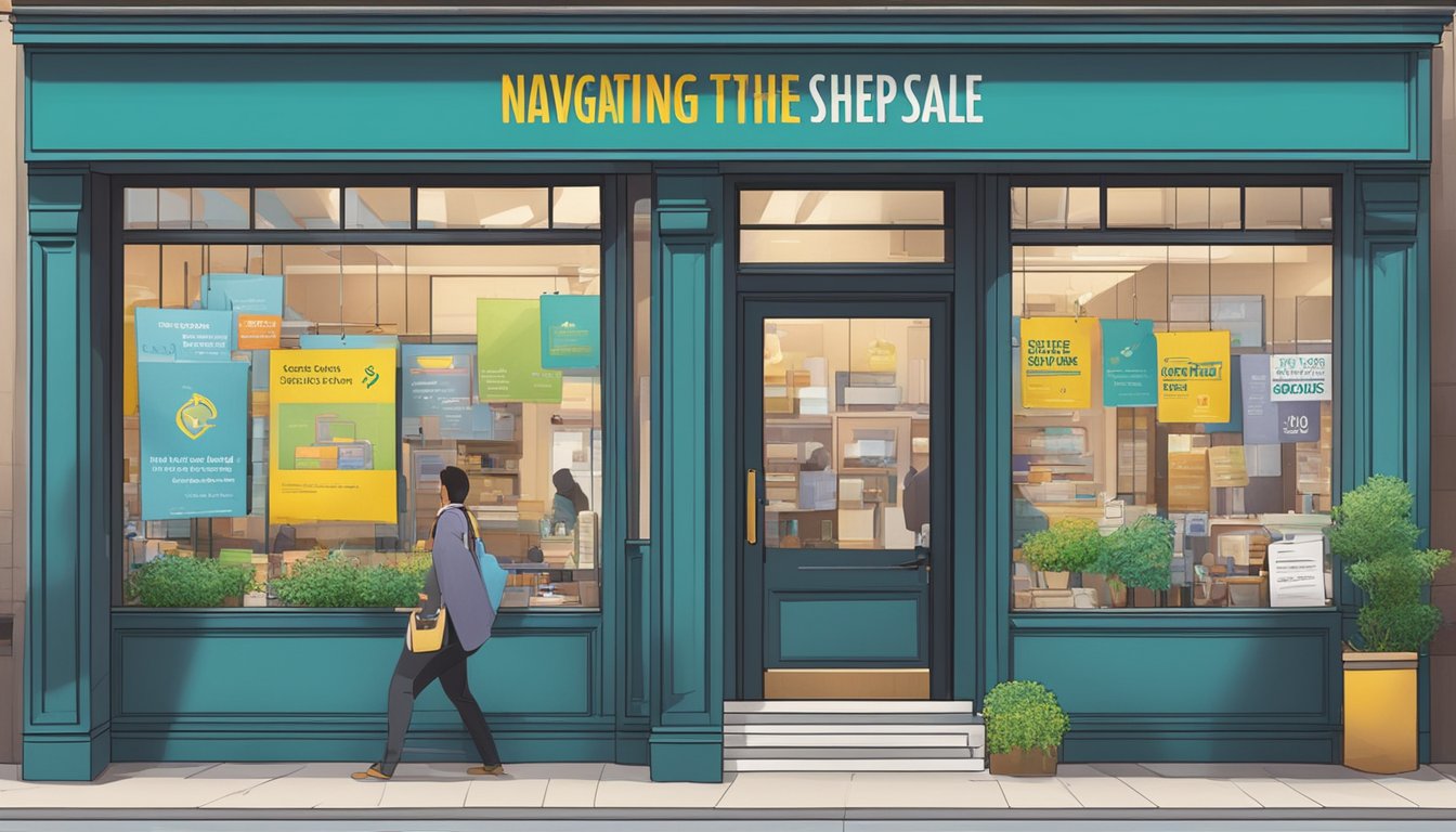 A sign reading "Navigating the Sale Process" outside a bustling tuition centre with a "business for sale" banner in the window