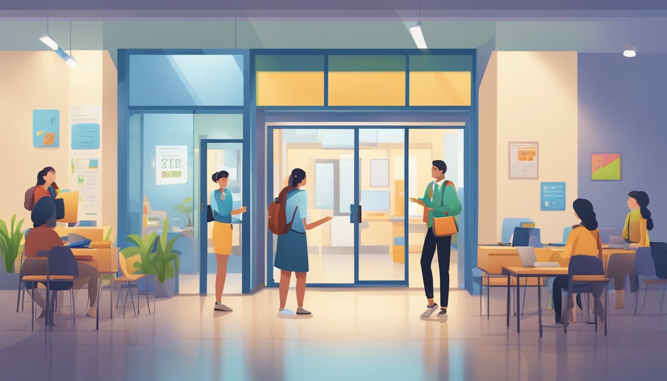 A brightly lit tuition centre with a "Frequently Asked Questions" sign on the door, a welcoming reception area, and students engaged in learning activities