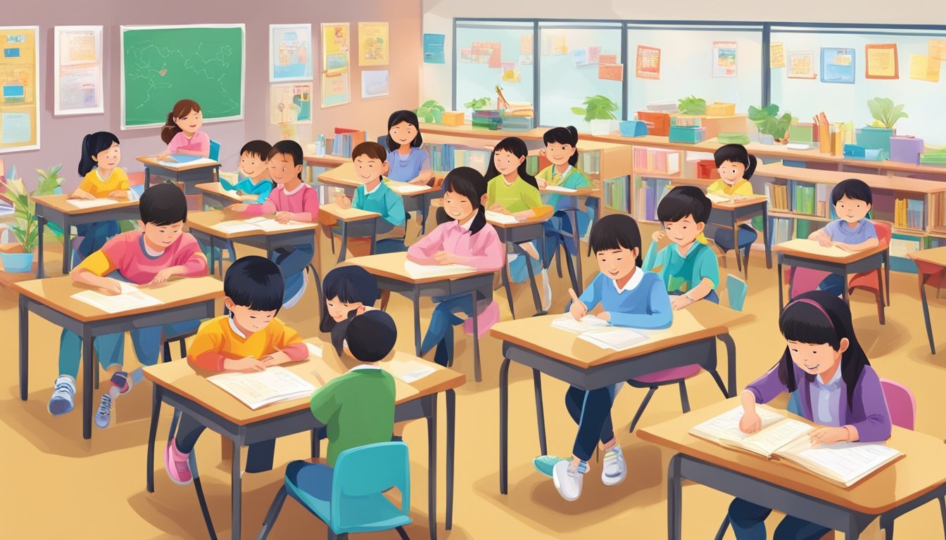 A bustling Chinese tuition center in Singapore, with colorful classroom decor and students engaged in learning activities