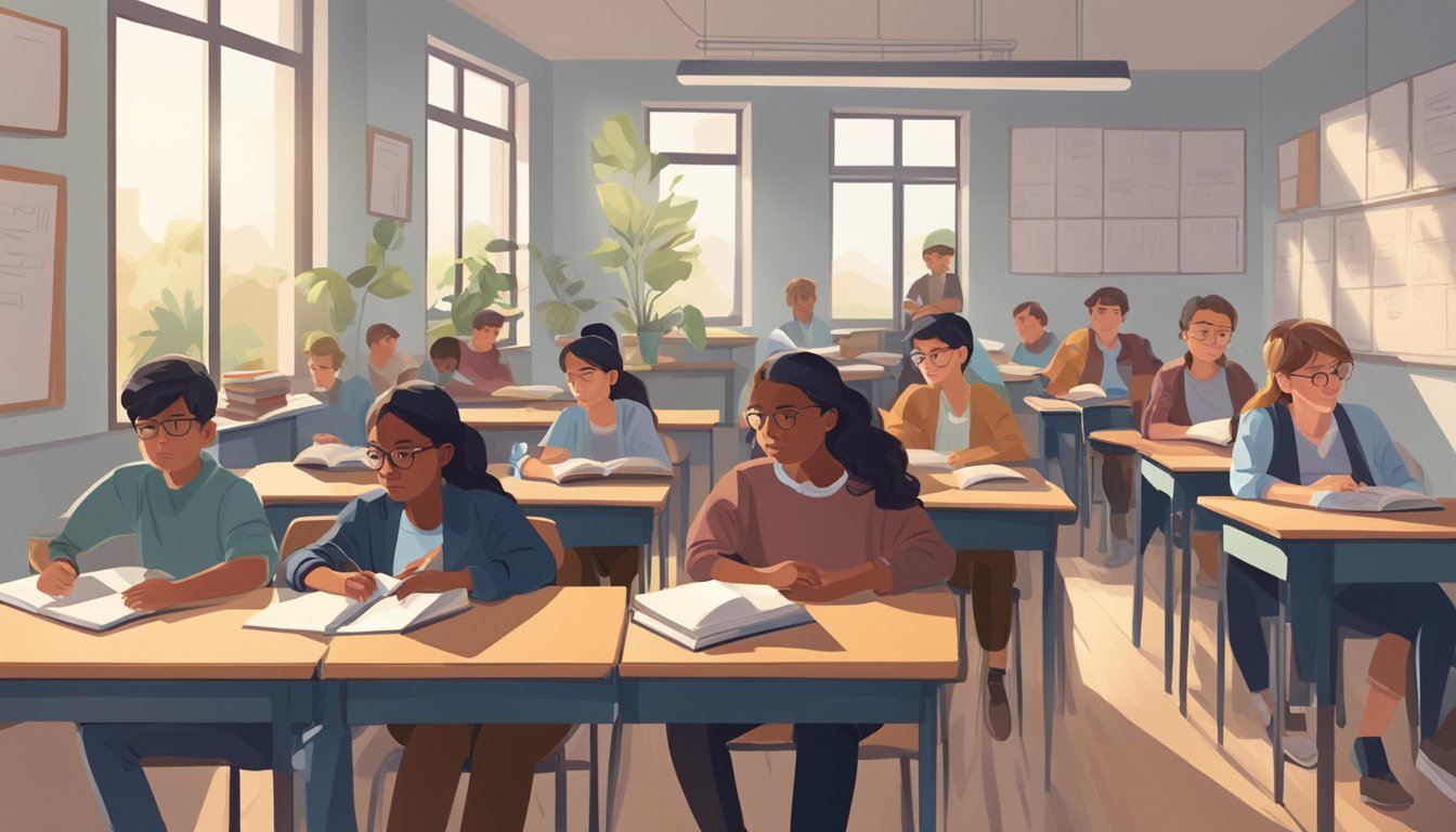 A group of students sit in a classroom, listening attentively to a tutor teaching combined humanities. Books and notebooks are scattered on the desks