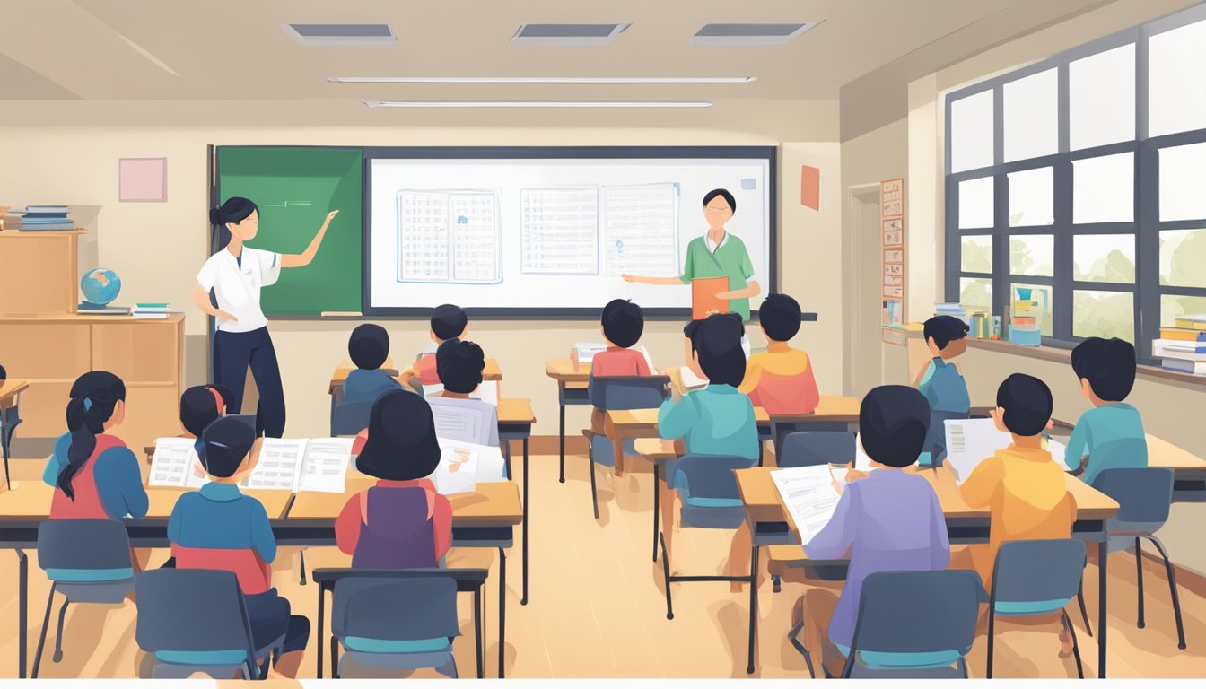 A classroom filled with students studying Chinese language materials, with a whiteboard at the front displaying the lesson plan and a teacher guiding the class