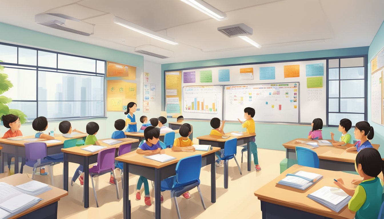A brightly lit classroom with colorful educational posters and interactive whiteboards, filled with engaged students and a passionate teacher at Teaching Excellence and Learning Experience Chinese tuition centre in Singapore