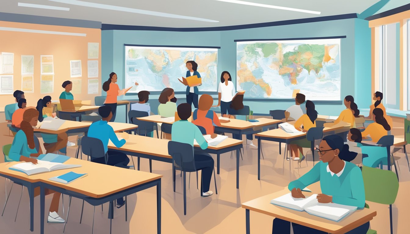 A classroom filled with diverse textbooks, maps, and charts, with students engaged in discussions and activities, representing a comprehensive curriculum overview combined humanities tuition