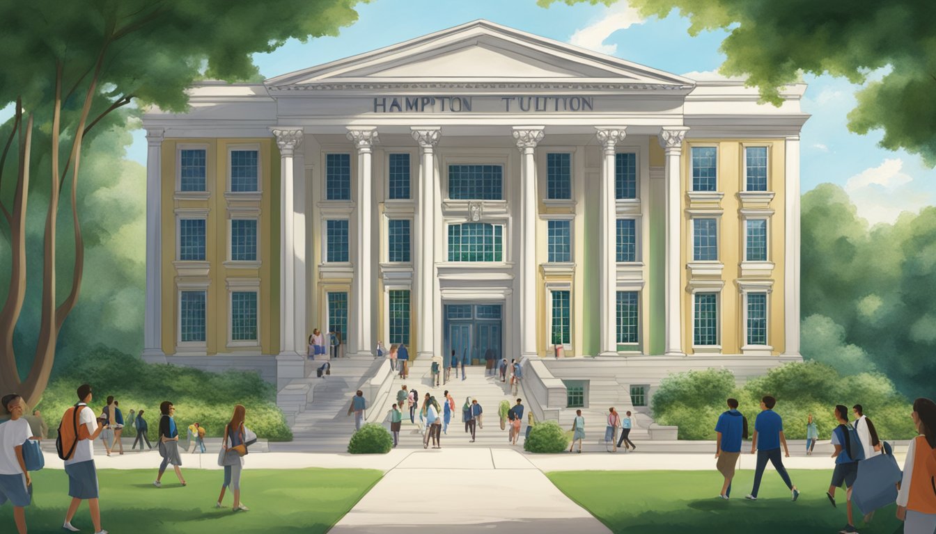 A grand building with "Hampton Tuition" engraved on the entrance, surrounded by lush greenery and students walking to and from classes