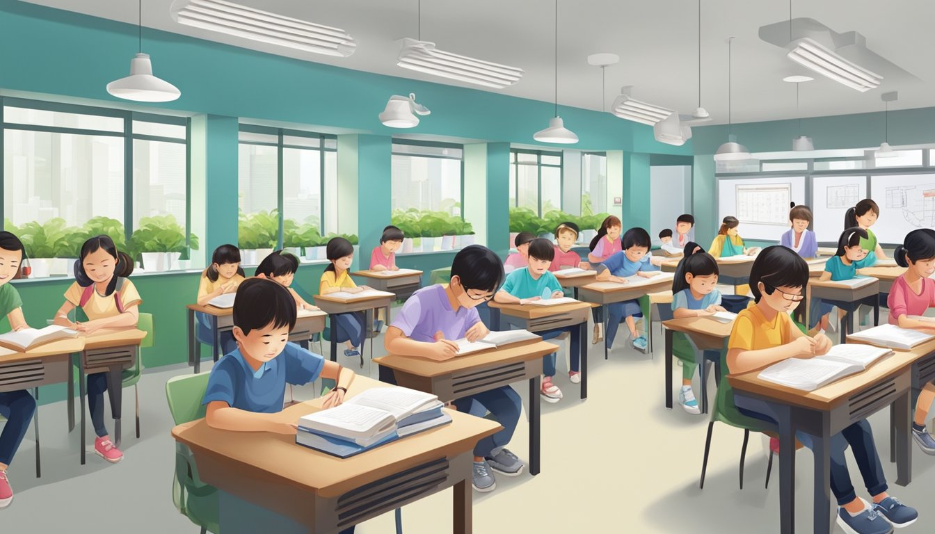A bustling Chinese tuition center in Singapore, with students engaged in learning activities and teachers providing guidance