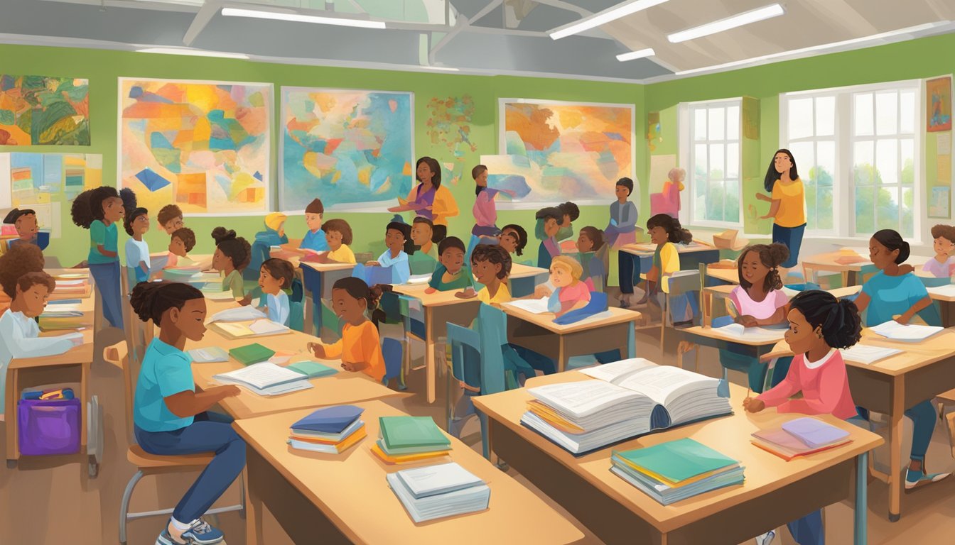 A classroom filled with diverse learning materials and engaged students, surrounded by vibrant artwork and cultural artifacts