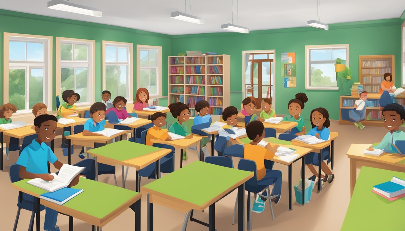 A bright classroom with students engaged in learning, surrounded by books and educational materials. The Hampton Tuition logo prominently displayed on a wall