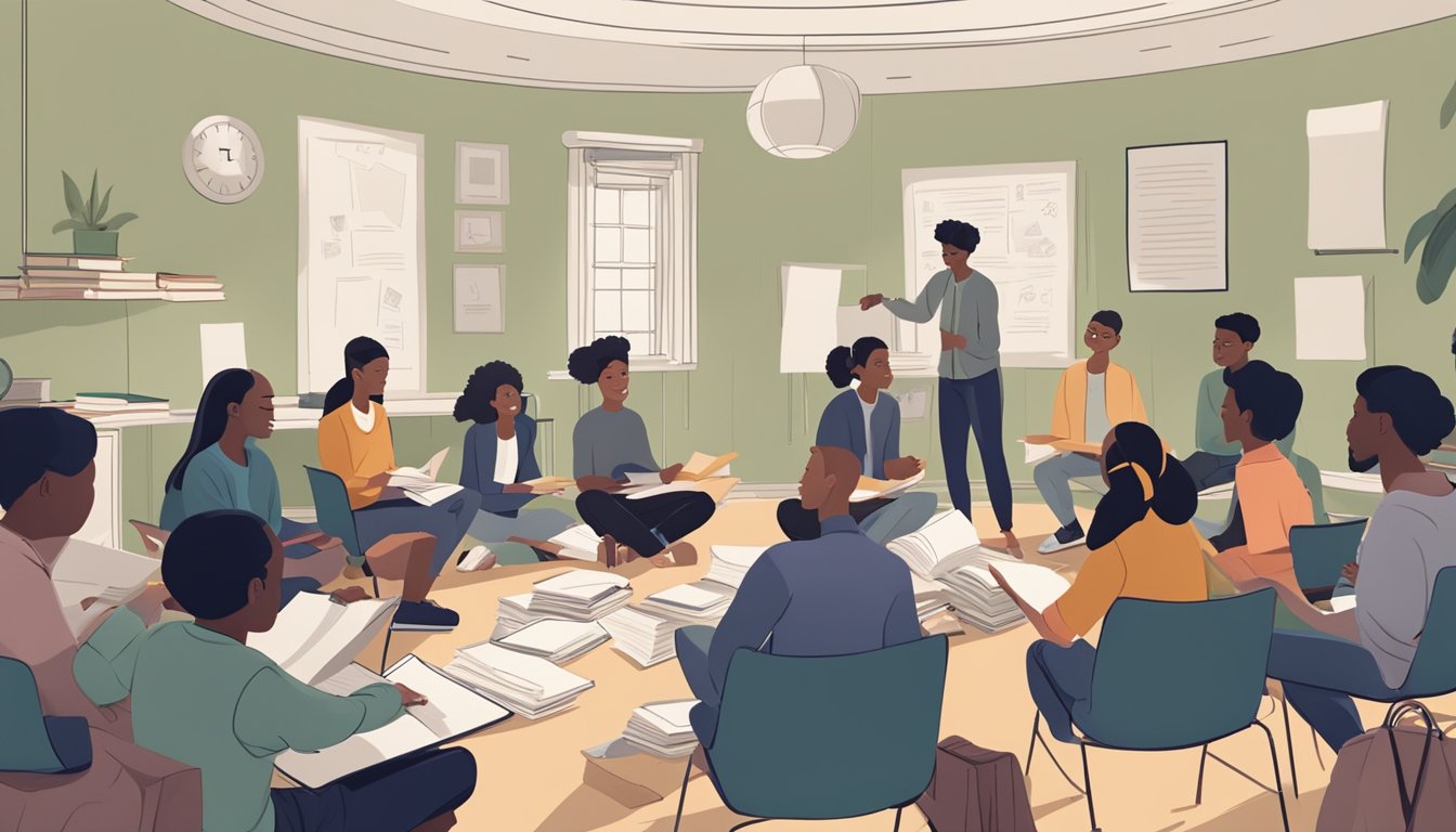 A group of students sit in a circle, surrounded by books and papers. A tutor stands at the front, engaging them in discussion
