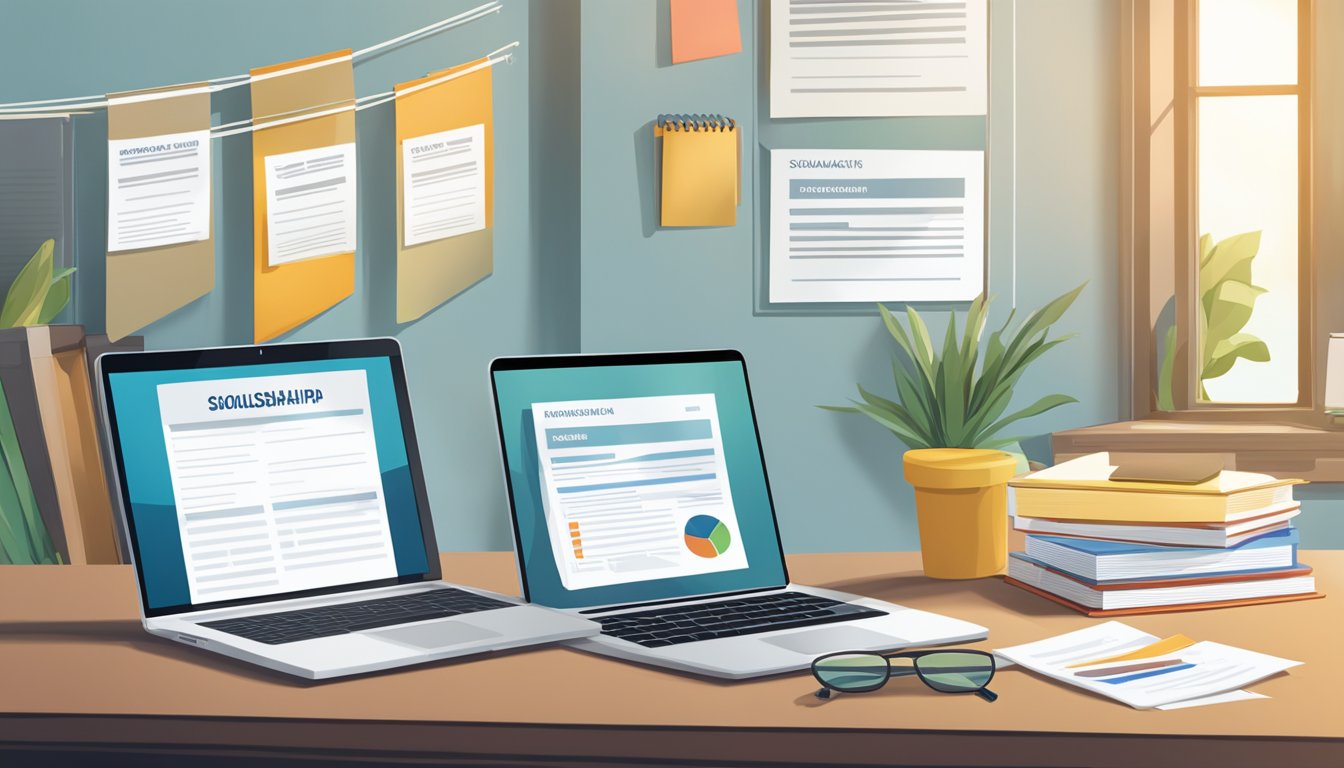 A stack of scholarship forms sits next to a laptop displaying financial aid options. A college pennant hangs on the wall