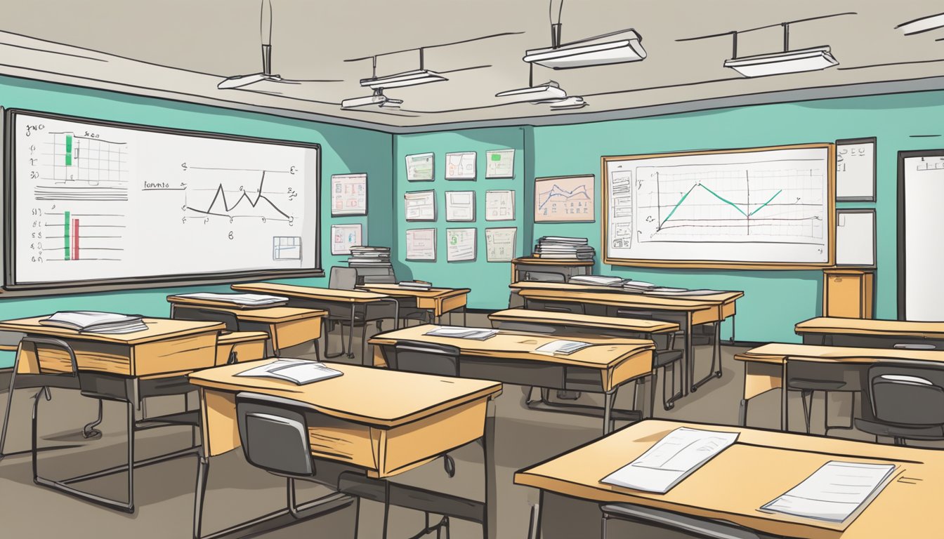 Giam's Economics Tuition: Boost Your Grades and Master the Subject! A classroom with a whiteboard filled with economic equations and graphs, desks arranged in rows, and a teacher
