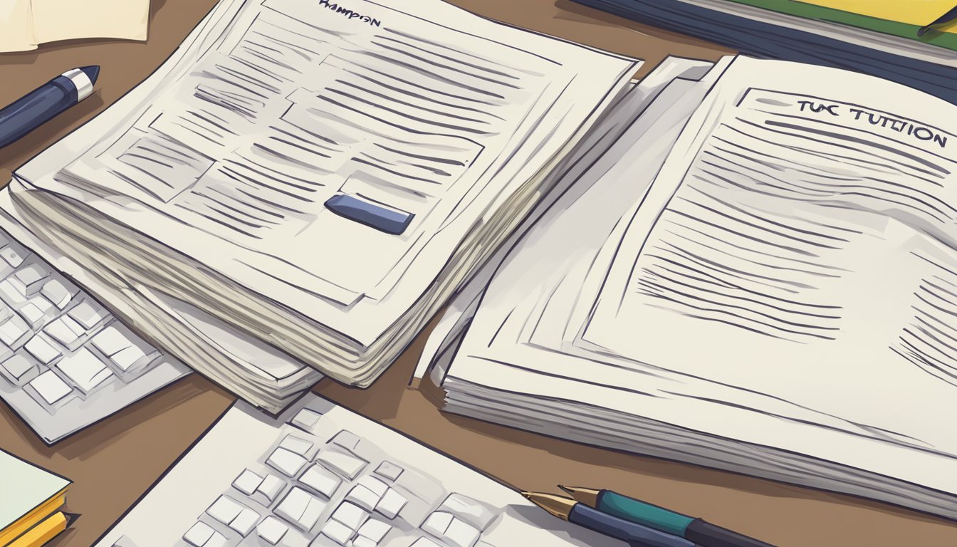A stack of FAQ sheets on a desk with "Hampton Tuition" at the top. A computer screen displaying the same title. A pen and notebook nearby