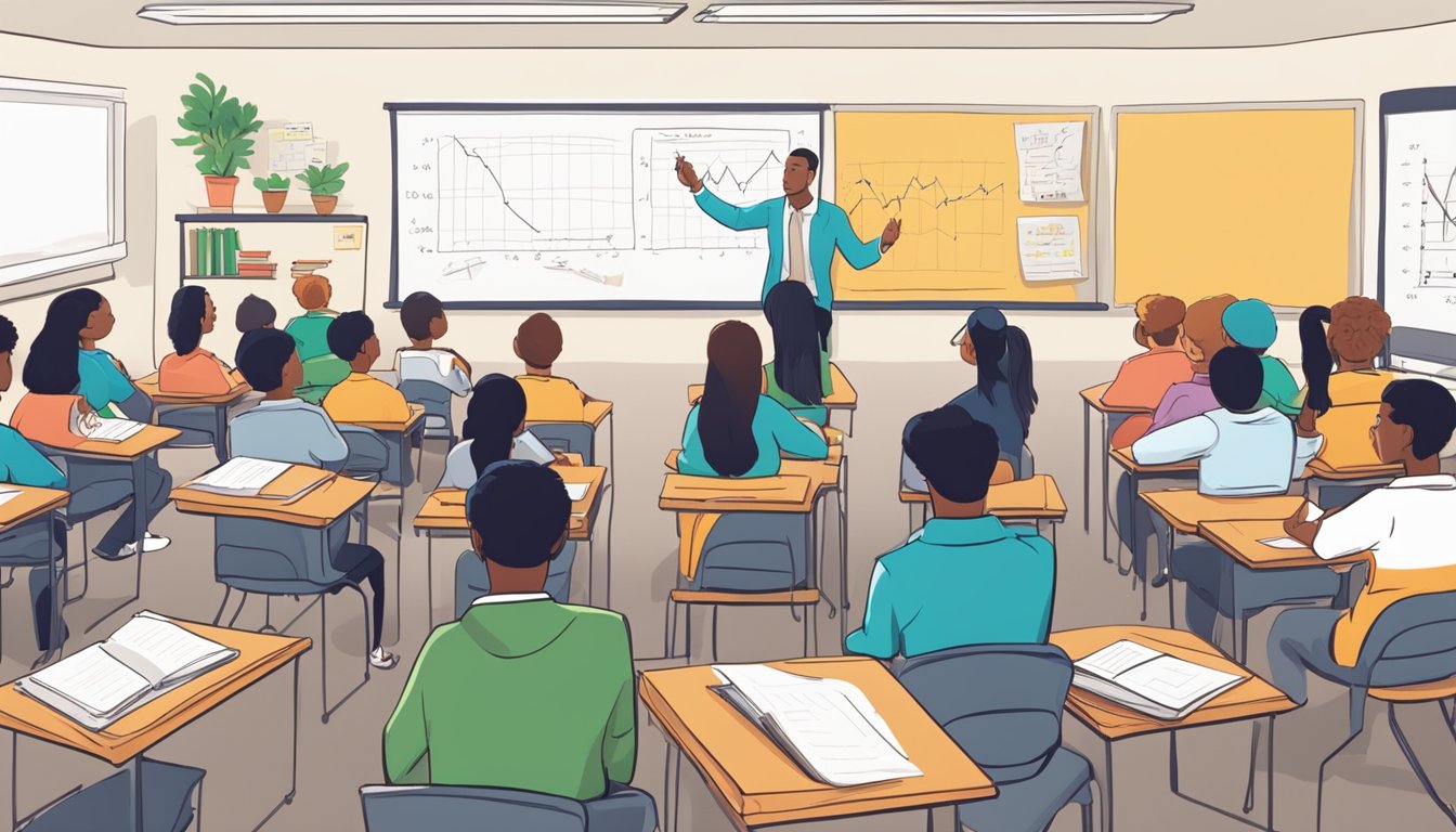 Giam's Economics Tuition: Boost Your Grades and Master the Subject! A classroom filled with eager students, textbooks and notes scattered on desks, a whiteboard covered in economic graphs and equations, and a passionate teacher explaining complex concepts