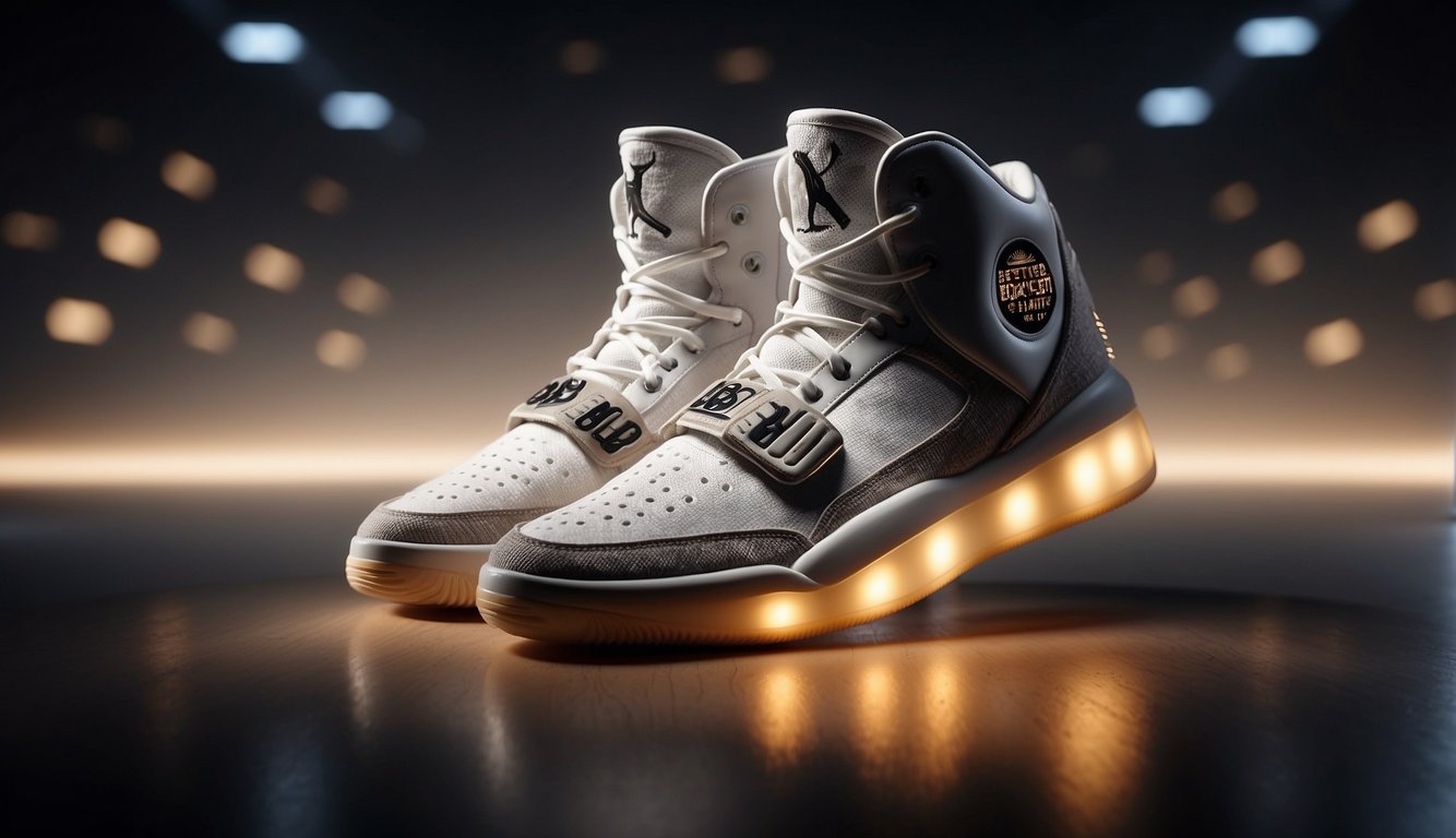 A pair of Yeezys basketball shoes displayed on a clean, white background with a spotlight shining on them, highlighting their sleek design and iconic branding