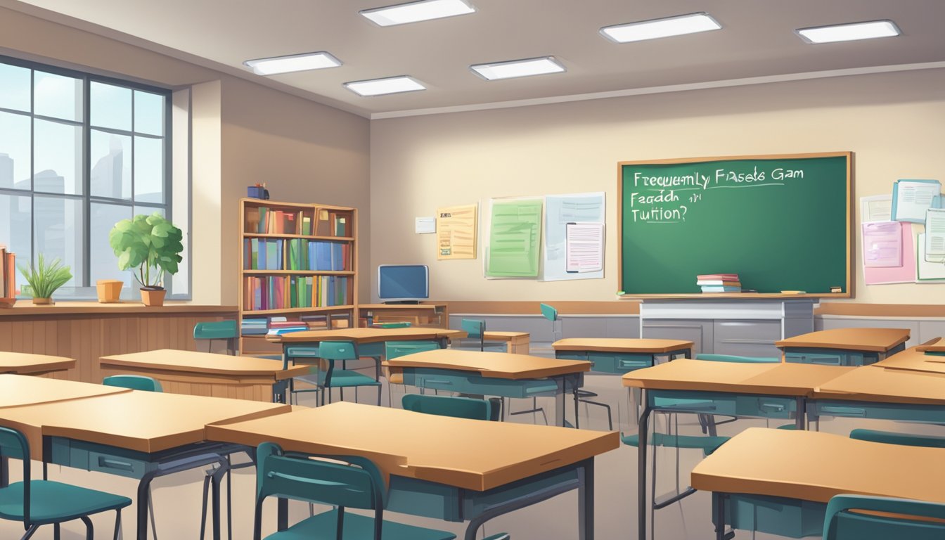 Giam's Economics Tuition: Boost Your Grades and Master the Subject! A classroom with a whiteboard and desks, a stack of textbooks, and a banner with "Frequently Asked Questions giam