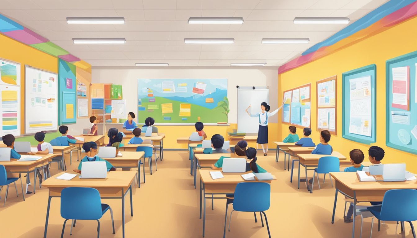 A bright, modern classroom with students engaged in learning at Powerlife Tuition Centre. Whiteboards and colorful educational posters adorn the walls, while desks are neatly arranged in rows