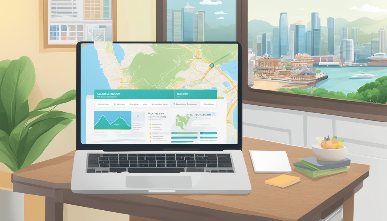 Master English from Home: Online English Tuition in Singapore A computer displaying an online English tuition website with a map of Singapore in the background