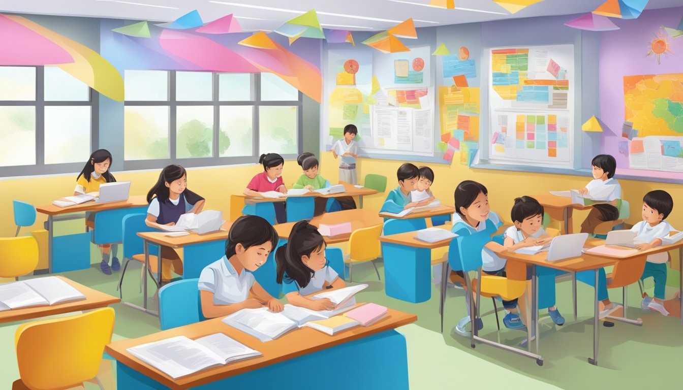 Students studying in bright, spacious classrooms at Powerlife Tuition Centre, with colorful posters and educational materials adorning the walls