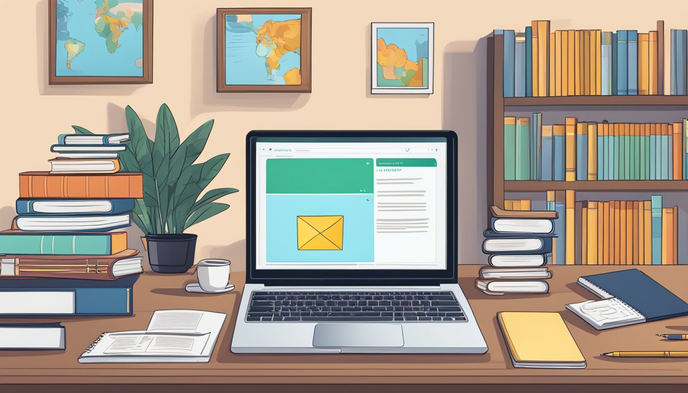 Master English from Home: Online English Tuition in Singapore A laptop with a virtual English tuition session on screen, surrounded by books, a notebook, and a pen