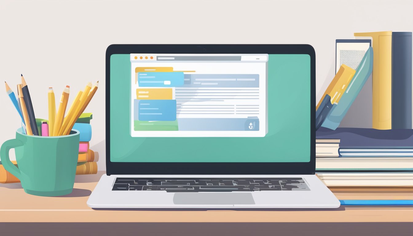 Master English from Home: Online English Tuition in Singapore A laptop displaying an online English tuition website with interactive lessons, a stack of English books, and a pen on a desk