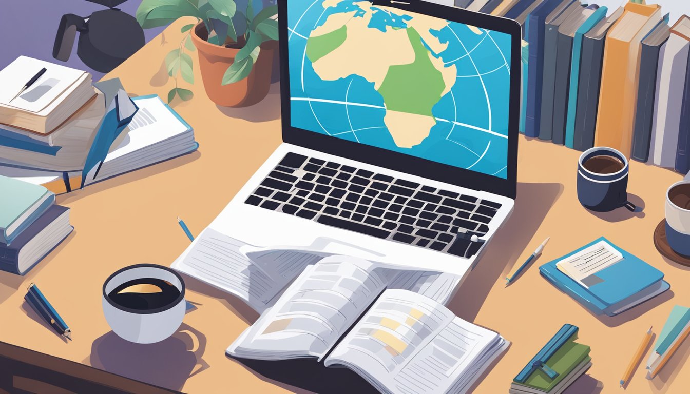 Master English from Home: Online English Tuition in Singapore A laptop surrounded by textbooks, with a globe and a cup of coffee nearby, as a student browses through an online English tuition website