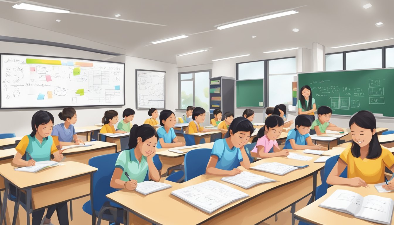 Mavis Tuition Centre Tampines: The Exciting New Way to Boost Your Child's Grades! A bustling tuition centre in Tampines, with students studying, whiteboards filled with equations, and teachers guiding the class