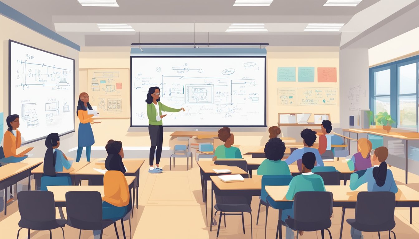 A classroom filled with physics equations on a whiteboard, students engaged in discussions, and a teacher explaining complex concepts