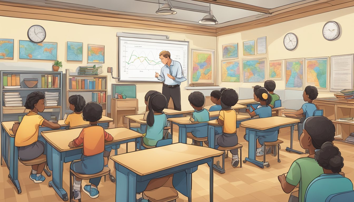 A classroom filled with physics equipment and charts, with a teacher at the front delivering a comprehensive physics lesson to engaged students