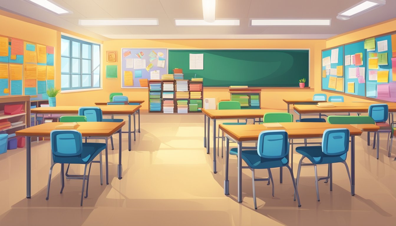 Mavis Tuition Centre Tampines: The Exciting New Way to Boost Your Child's Grades! A brightly lit classroom with colorful posters and educational materials on the walls. Desks arranged neatly with textbooks and notebooks. A whiteboard at the front with lesson plans and schedules