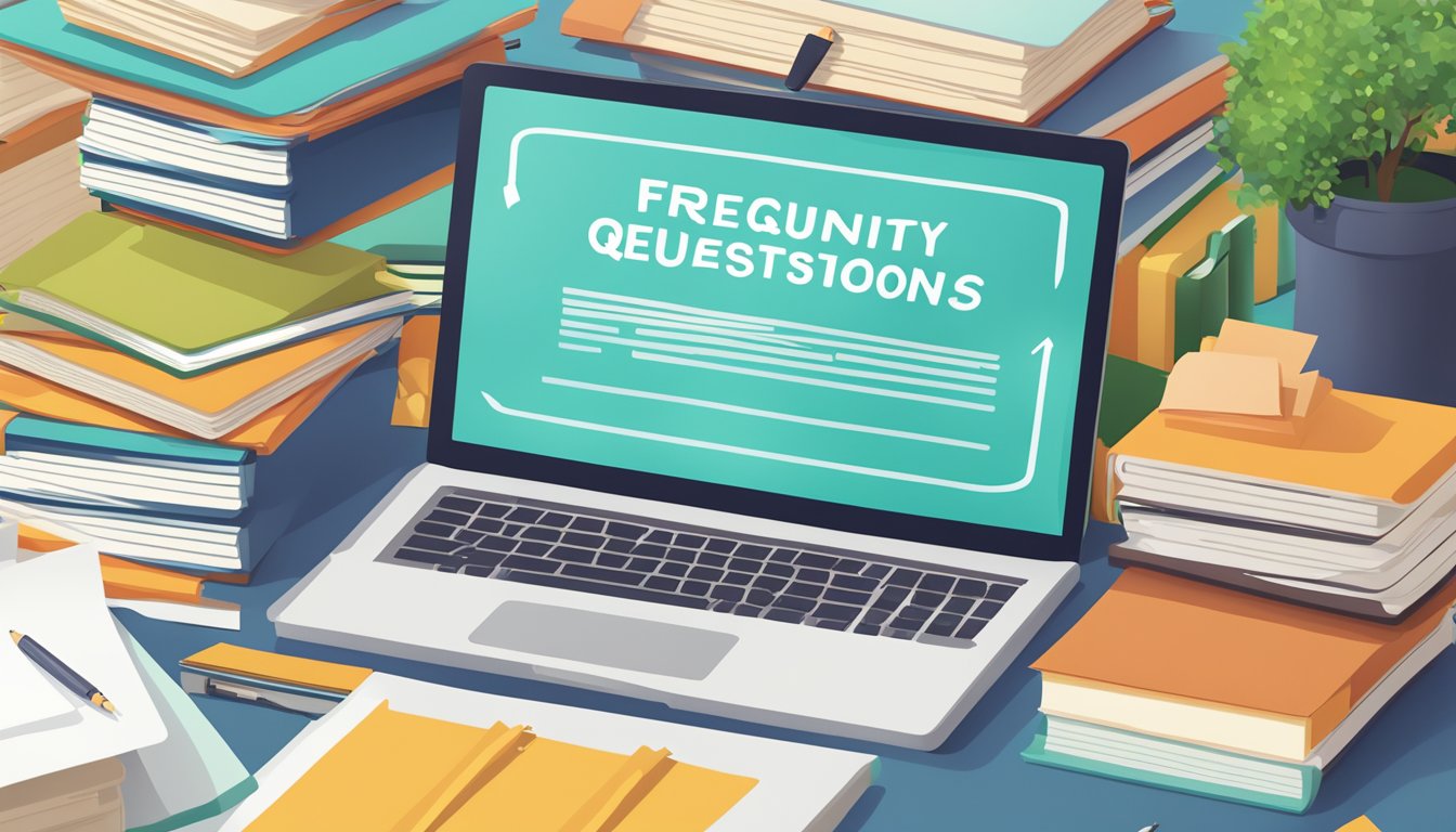 A stack of papers with "Frequently Asked Questions" on top, surrounded by physics textbooks and a computer displaying a tutoring website