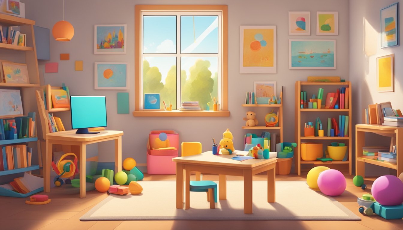 A cozy, brightly lit room with colorful educational materials and toys scattered around. A small table and chairs are set up for one-on-one learning