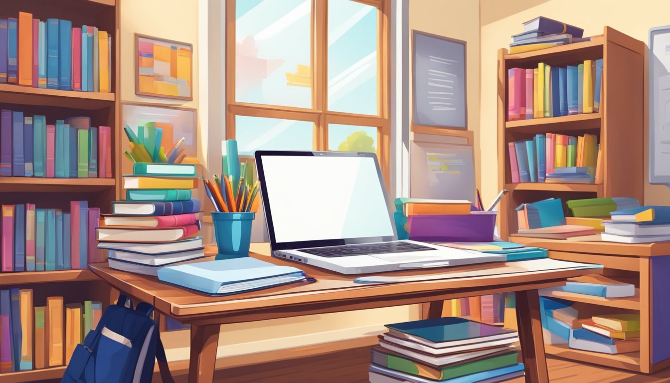 A tutor desk with books, a whiteboard, and a laptop in a bright, organized room