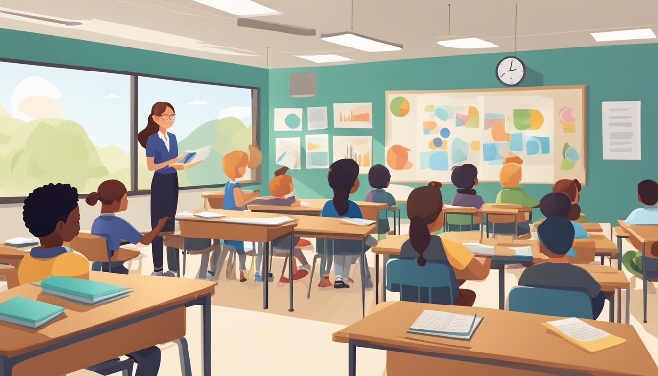 A classroom with diverse students engaged in interactive learning activities, while a teacher demonstrates effective communication and adaptability