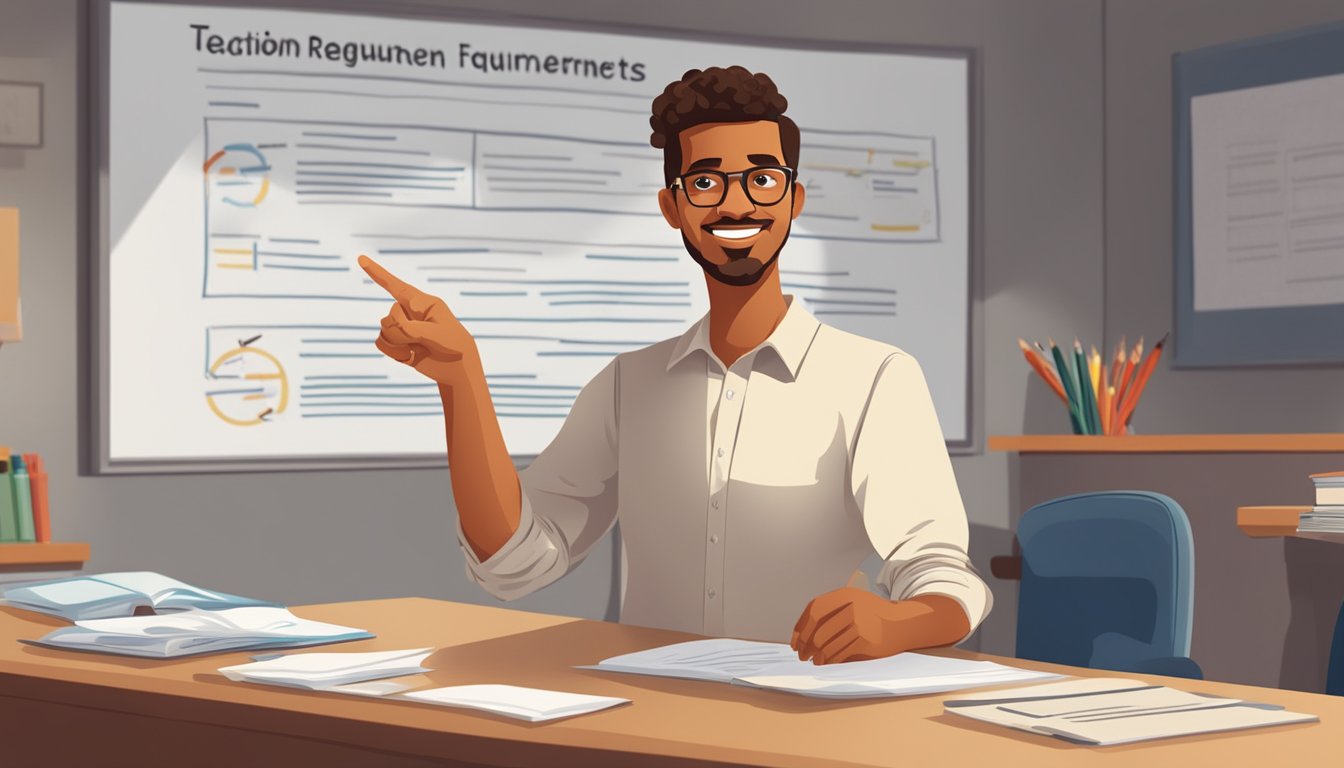 A teacher pointing to a list of frequently asked questions about tuition requirements