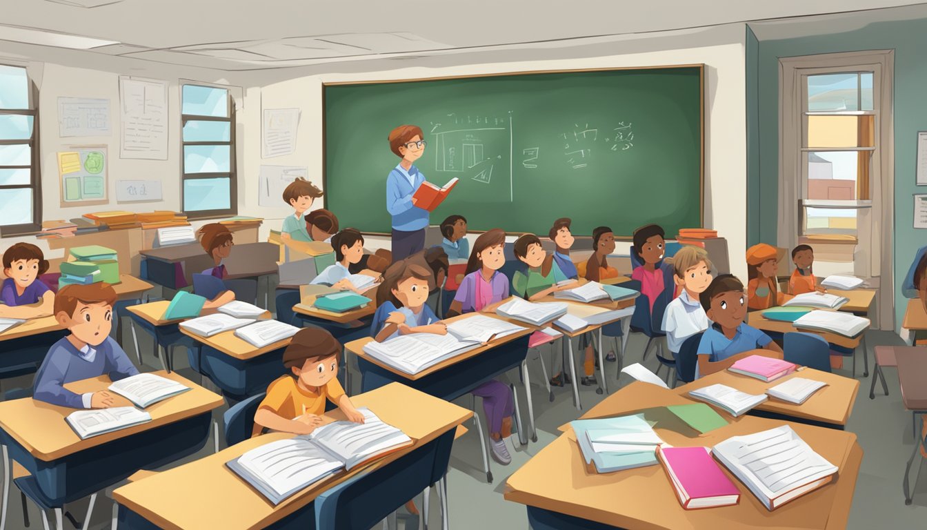 A crowded room with desks and whiteboards, filled with eager students and a stern teacher. Books and papers scattered around, with the word "Math" written prominently on the board