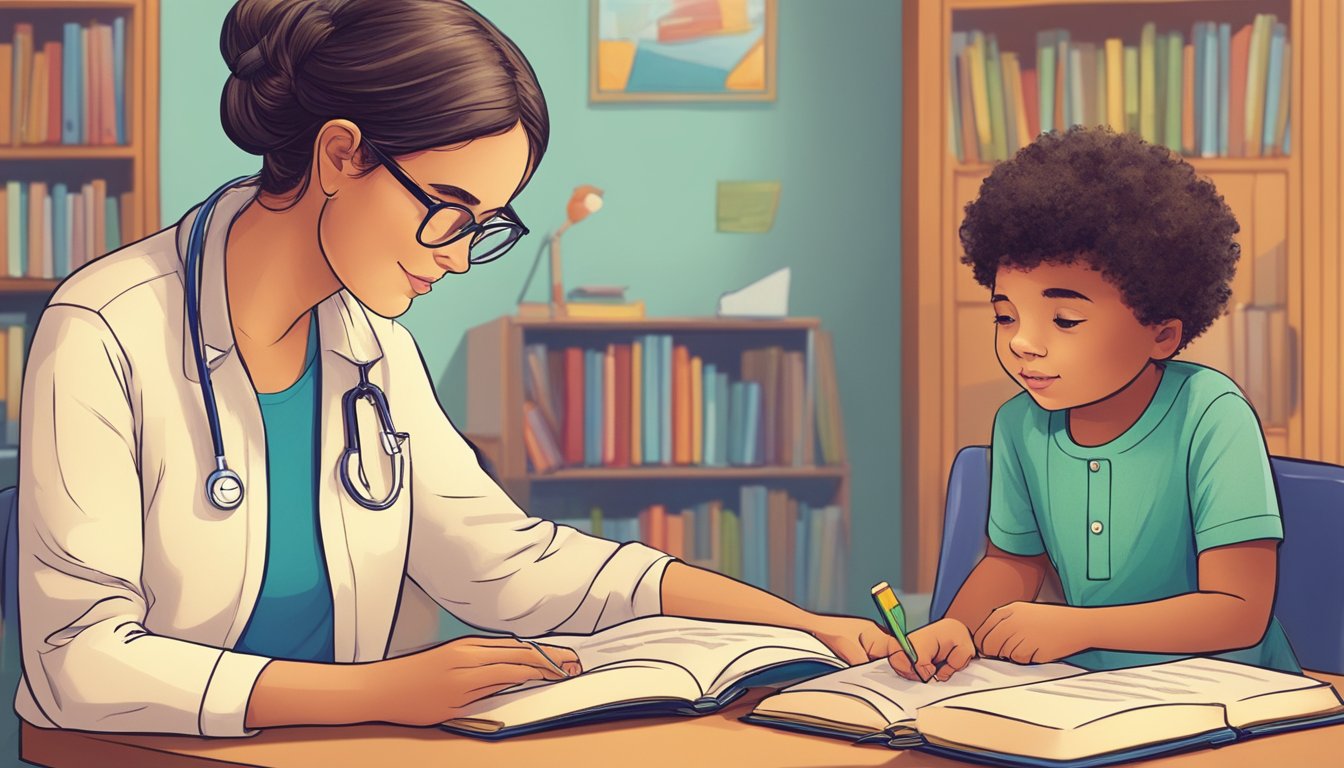 A young child sits at a small desk, engrossed in a book while a patient tutor leans in, pointing to a colorful learning activity