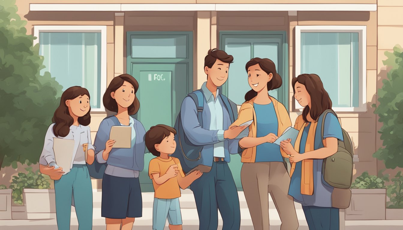 A group of eager parents gather outside a building labeled "IP Math Tuition." They eagerly discuss the benefits of the program, exchanging excited glances and nodding in agreement
