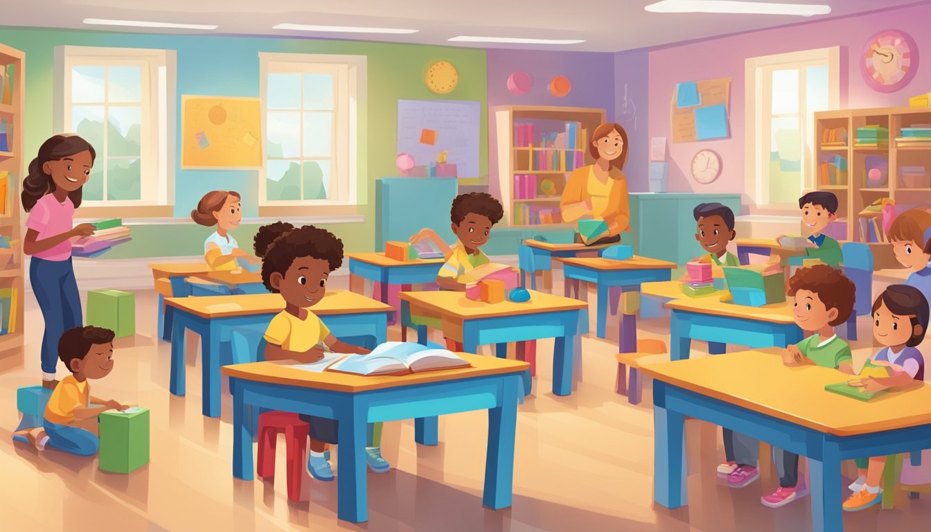 A colorful classroom with educational toys and books, a teacher guiding a group of 5-year-olds through engaging learning activities