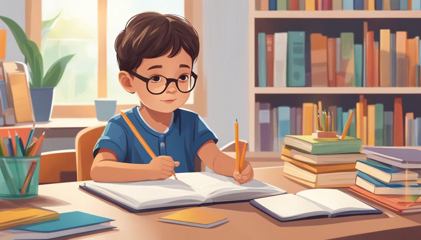 A 5-year-old student sits at a small table, surrounded by books and educational materials. A tutor gestures and explains concepts, while the child listens attentively