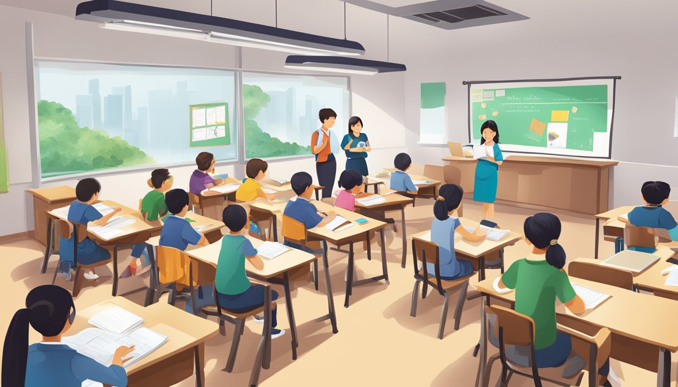 A bustling classroom at Sinda Tuition Singapore, with students engaged in learning and teachers providing guidance
