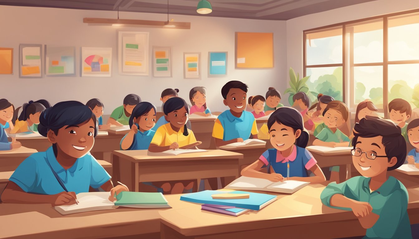 A diverse group of students eagerly engage in learning at SINDA tuition center, surrounded by colorful educational materials and a supportive environment