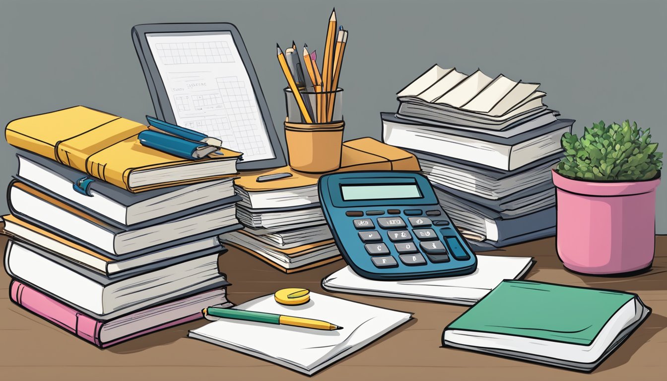 A stack of books and a calculator sit on a desk, with a pencil and notebook nearby. A tuition bill for $88 is placed prominently in the center