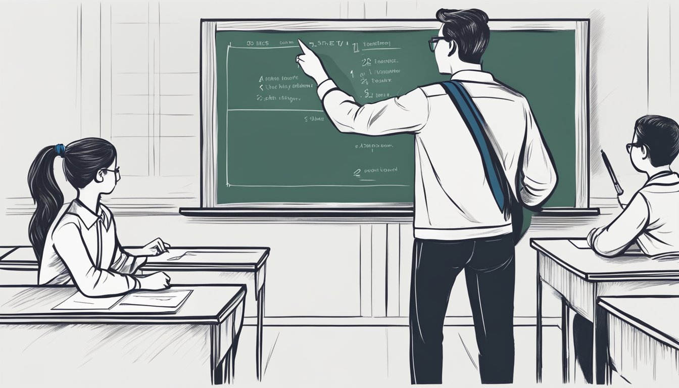A teacher points to a chalkboard with step-by-step instructions. A student follows along with a pencil and paper