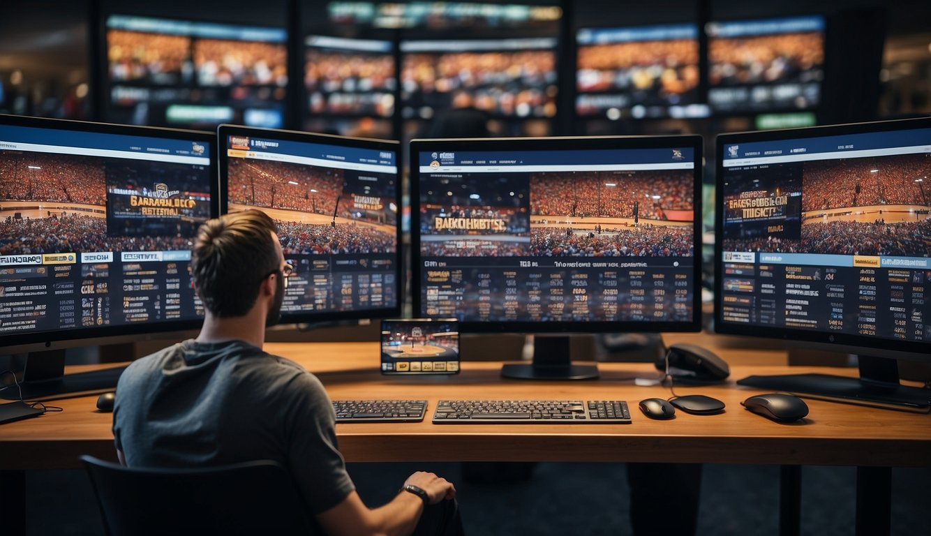 Fans searching online for discounted basketball tickets. Multiple tabs open on a computer screen showing various ticketing websites. Price comparison and selection process