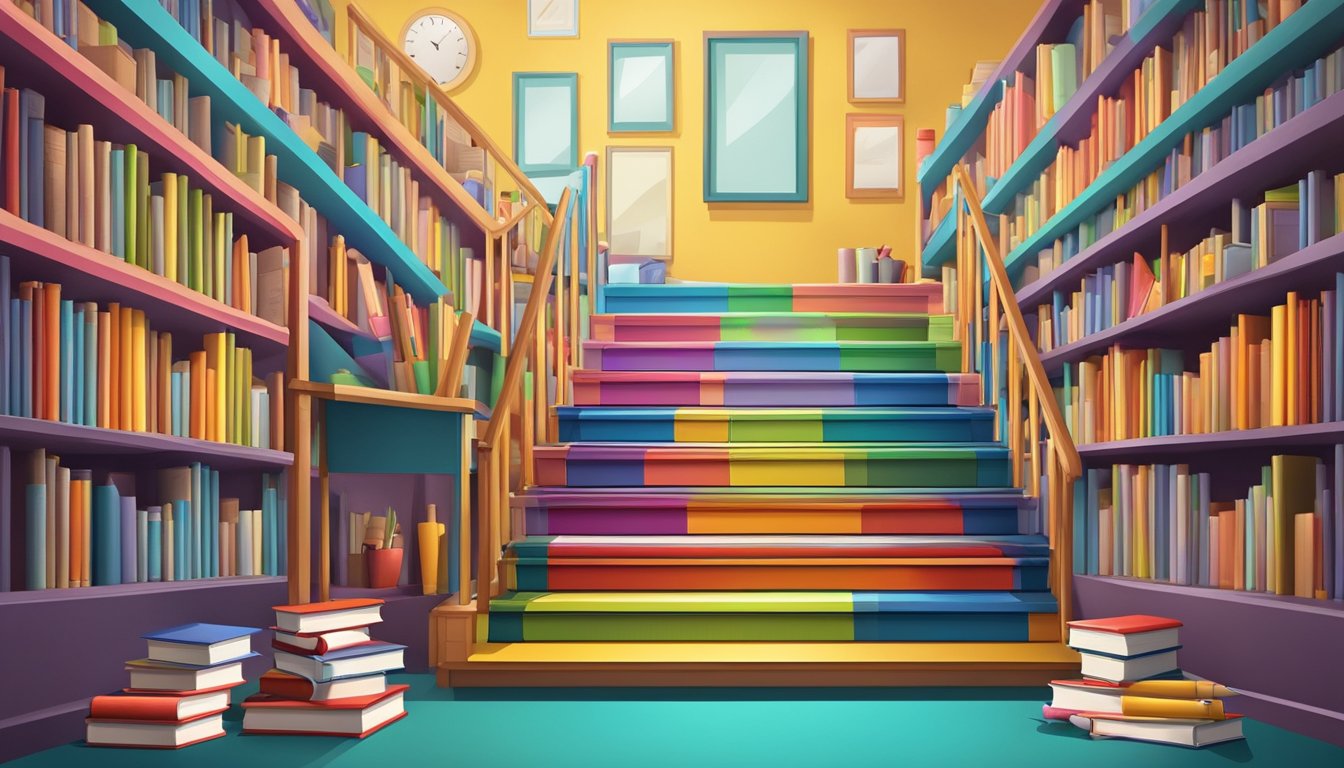 A colorful staircase with "STEP Tuition" sign at the top. Books and pencils scattered around, representing learning and education