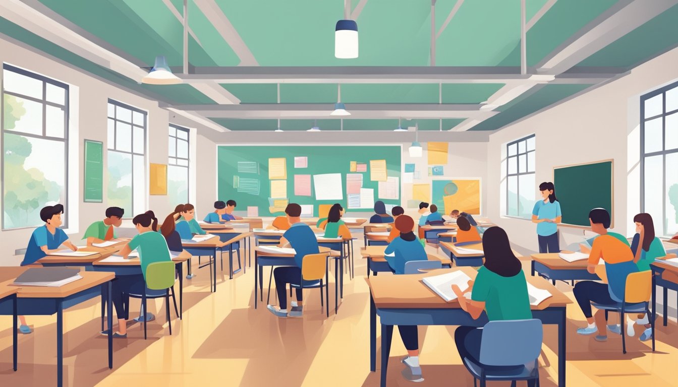 Students studying in a classroom with tutors at a secondary school tuition center. Books, whiteboards, and desks fill the room